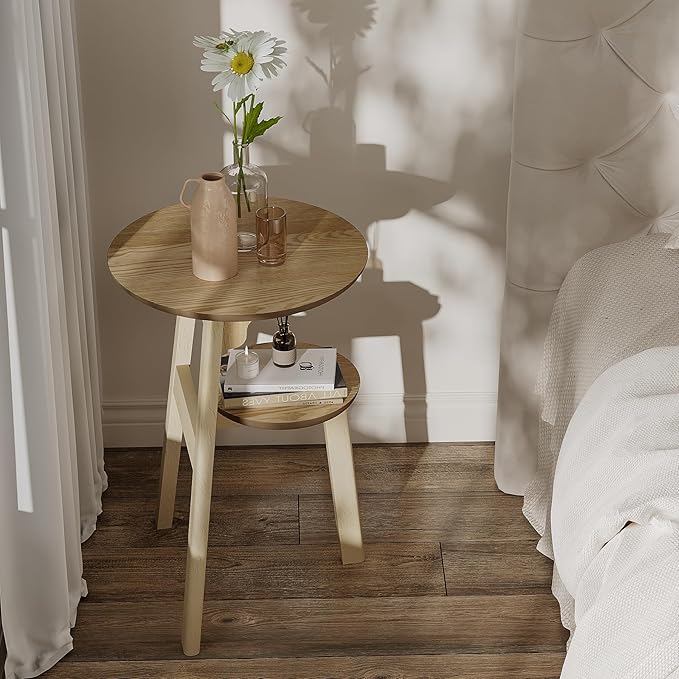 ChooChoo Round End Table Set of 2, Narrow Side Table for Small Spaces, Accent Table Night Stand with 2 Tier Shelf for Bedroom and Living Room, Natural