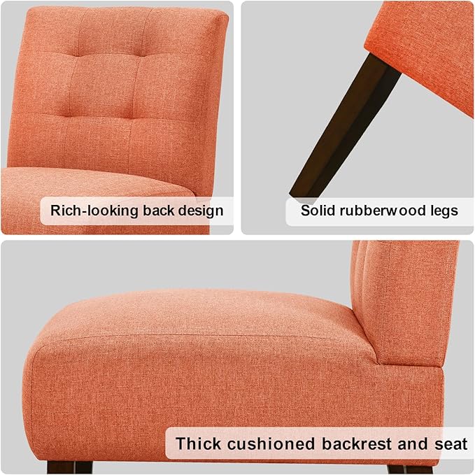 Slipper Accent Chair Modern Armless Lounge Chair with Wood Legs Upholstered Makeup Vanity Tufted Side Chair Fabric Comfy with Decor Back for Living Room Bedroom Patio (Pin Back, Orange)