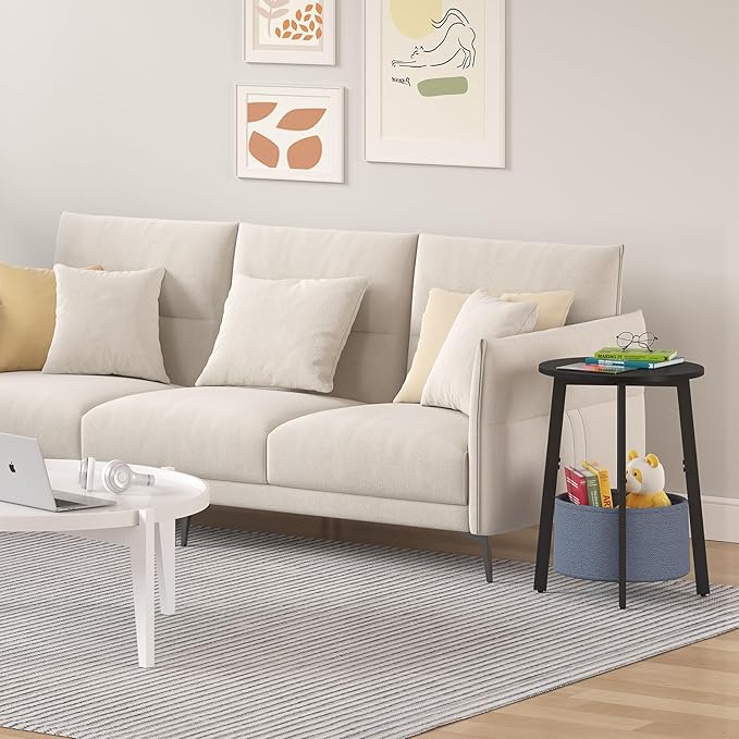 Small Round Side End Table Set of 2 with Cloth Storage Basket, Round Bedside Sofa Couch Coffee Tables for Small Places with Metal Frame, Modern Nighstands for Living Room Bedroom,Black