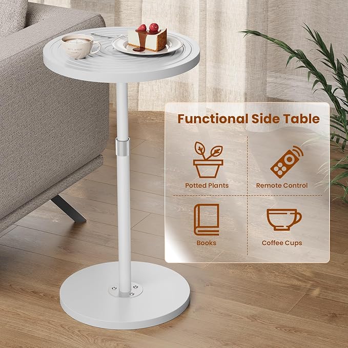 Round Side Table, Small Drink Table for Small Spaces, Adjustable-Height Pedestal Martini Table, Weighted Base Cocktail Stand for Living Room, Bedroom, Bathroom, Nursery, Office, White