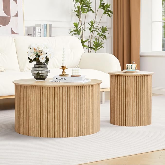 Fluted Round Nesting Coffee Table Set of 2, Mid Century Modern Wood Coffee Tables and End Table Set, Circle Side Table Minimalist Center Tables for Living Room, Office(Natural)