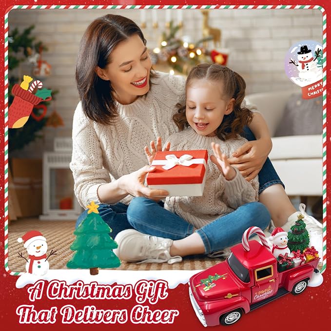 Christmas Red Truck Decor 5 Inch Vintage Farmhouse Metal Truck with Mini Christmas Village Accessories Rustic Xmas Tiered Tray Decor Winter Holiday Tabletop Decorations Xmas Party New Year Gifts