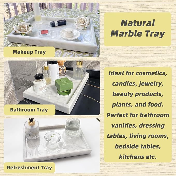 Yew & Tulip Natural Carrara White Marble Vanity Tray, Natural White Marble Serving Tray for Bathroom, Kitchen, Vanity, Home Decor, Wedding etc. (12" x 8" x 1.2")