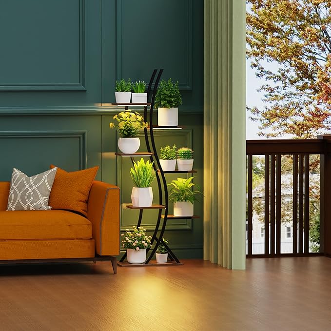 Indoor Plant Shelf Featuring Grow Lamp, 60.24" High 7-Tier Exhibition Unit, S-Curve Corner Design for Floral and Foliage Showcase in Living Area, Patio, Balcony Décor