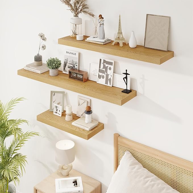 16in Floating Shelves for Wall, 16"W x 9.25"D x 1.25"H, 2 Pack Long Wall Mounted Engineered Wood Shelves with Invisible Brackets for Living Room, Bedroom, Bathroom, Kitchen Decor and Storage, Oak