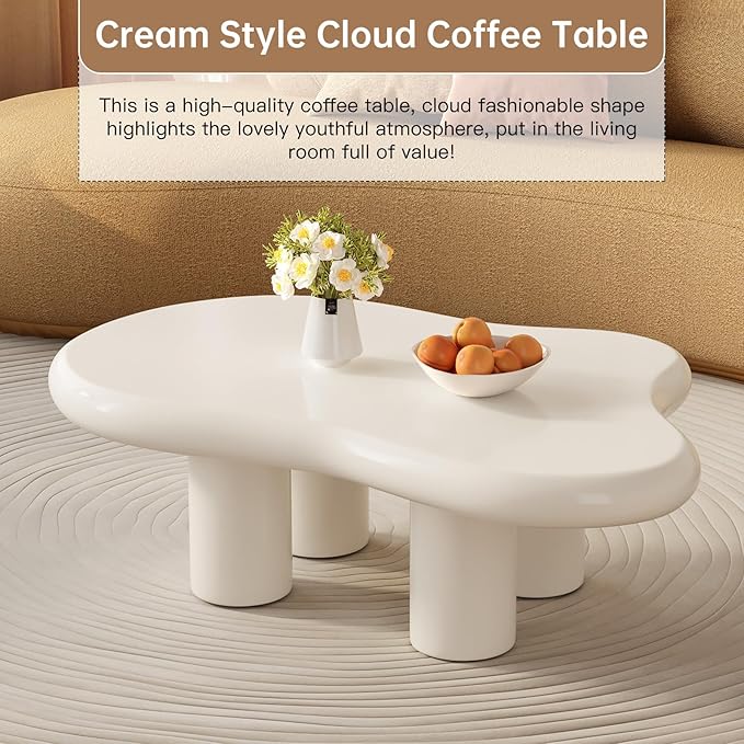 Guyii Cloud Coffee Table, Cute Coffee Tables, Upgraded White Modern Tea Table, Irregular Indoor End Tables for Living Room, Free Shape Center Table with 4 Legs, 46.06 Inches