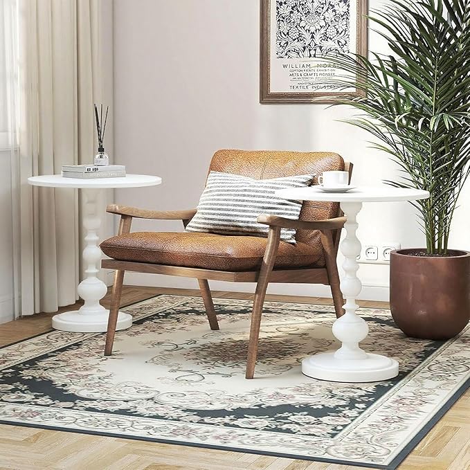 Metal Small End Table,Vintage Matte Black Round Side Table Nightstand for Bedside or Sofa,Small Accent Pedestal Table for Living Room Corners Bedroom Patio and bar (Light White)