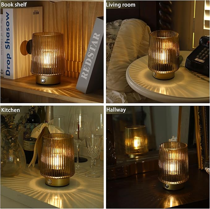 Cordless Lamp Rechargeable Battery Operated lamp, Glass Small Table lamp - Portable Dimmable Brightness Touch Wireless Bedside Lamp for Bedroom Kitchen Dining Home Living Room Decor Grey