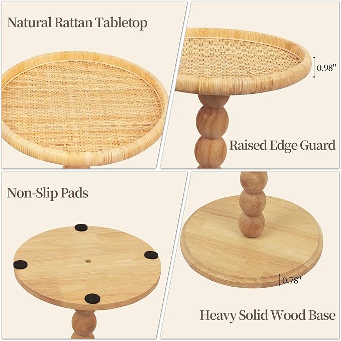 Round Side Table, Solid Wood Small Drink Table for Small Spaces, Boho Rattan End Table for Living Room, Modern Accent Table for Couch, Bedroom, Corners