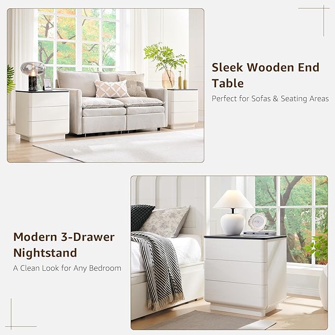 ACCOHOHO 22" Modern Nightstand Set of 2 with Charging Station, Push-to-Open 3 Drawers Bedside Table, Large End Table with Storage, Night Stand for Bedroom, Living Room, Curved Profile, Off White