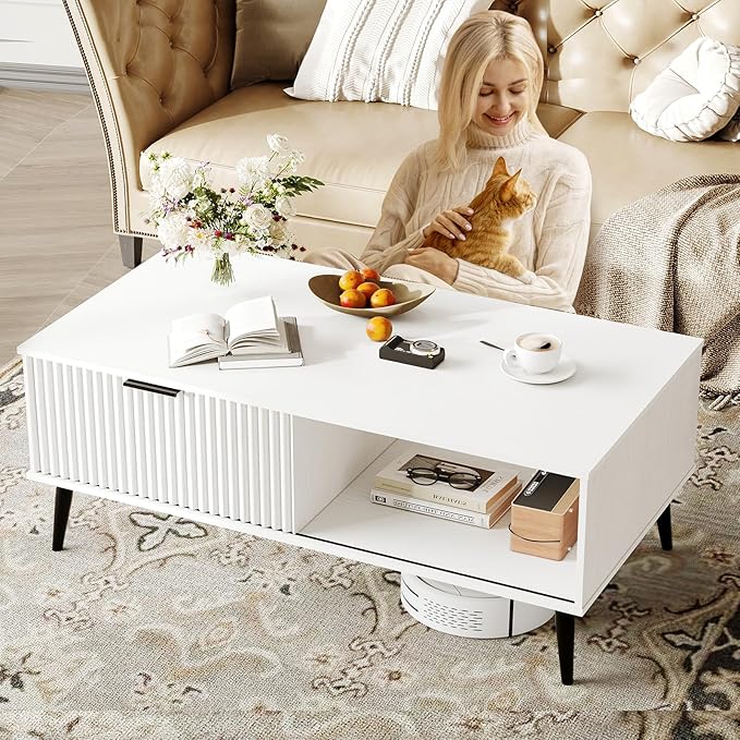 41.34''D Coffee Table, 2-Tiers Farmhouse Coffee Tables With Storage and Sliding Wave Pattern Door, Modren Tea Table, Wooden Dining Center Tables for Living Room, Office, Bedroom, Outdoors, White