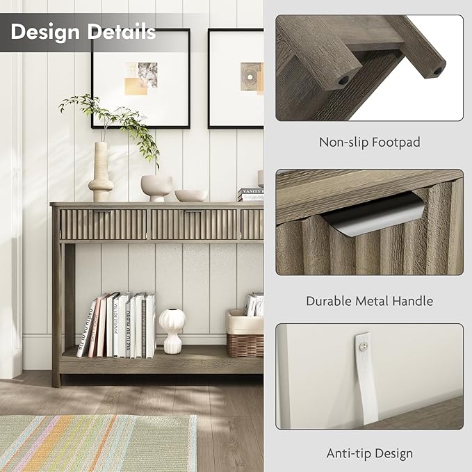 Fluted Console Table with Drawers, Modern 47.1" Entryway Table with Storage Shelf, Boho Narrow Skinny Behind Couch Wood Sofa Table for Living Room Hallway Entrance Foyer,Washed Oak