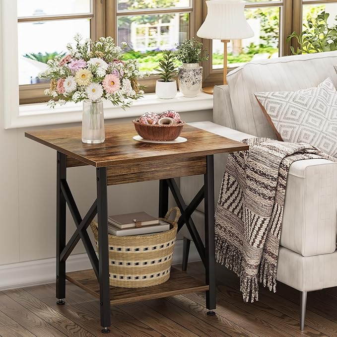 GreenForest End Table 24 inch for Living Room, Large Square Side Tables with X-Frame, Tall Industrial Bedside Nightstand with 2-Tier Storage, Rustic Walnut