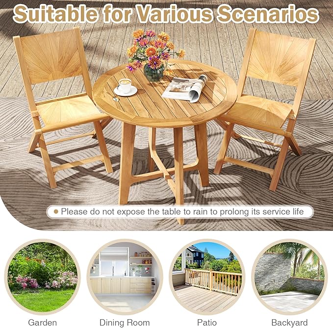 Tangkula 31.5” Patio Dining Table, Round Teak Wood Dining Table w/Slatted Tabletop, X-Shaped Frame, 4 Sturdy Supporting Legs, Farmhouse Dining Furniture for Dining Room, Garden, Poolside