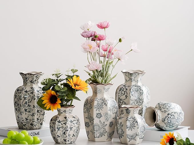 Blue and White Vase, Vintage Blue Ceramic Flower Vessel,Ceramic vases for Home Decor,Vintage Green and Beige for Console Table Mantle Chinoiserie Decor (Retro-01, Large)