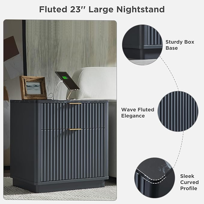 T4TREAM 23'' Fluted Nightstand with Charging Station, Large 2 Drawer Bedside Table, Modern End Table with Storage, Mid Century Night Stand for Bedroom, Living Room, Curved Profile, Dark Grey
