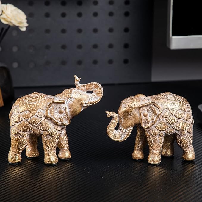 Elephant Statue for Home Decorations, Elephant Figurines with Trunk Up, Room Decor for Shelf Table Living Room Nightstand, African Elephants Gifts for Women Small Set of 2 Gold Color Accents