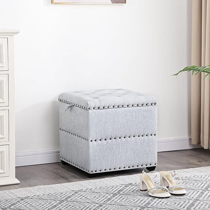 Adeco 18" Light Blue Square Storage Ottoman with Tray, Modern Cube Ottoman Coffee Table for Dorm, Upholstered Cube Footstools Coffee Table for Living Room