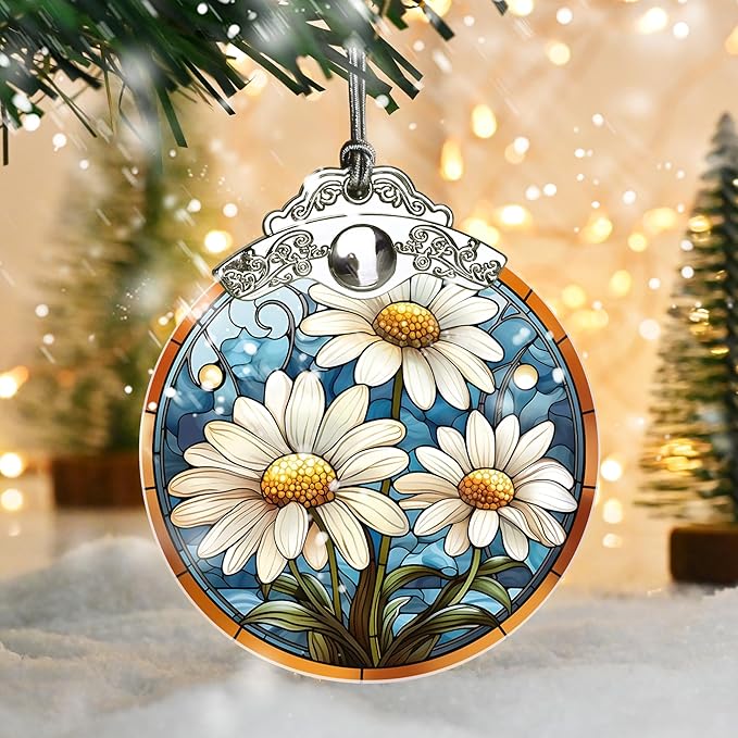 Stained Glass Christmas Ornament, Jocidea Daisy Christmas Decorations, Christmas Tree Ornament, Daisy Lovers Gifts, Holiday Decor and Xmas Gifts Ideas
