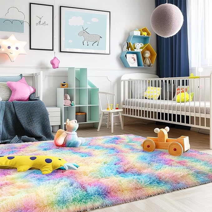 Ultra Fluffy Rug for Living Room Bedroom, 5x7 Fuzzy Large Area Rug for Living Room, Plush Soft Shag Carpet for Girl Boy Kids, Non Slip Rug Modern Indoor Home Decor Aesthetic, Rainbow