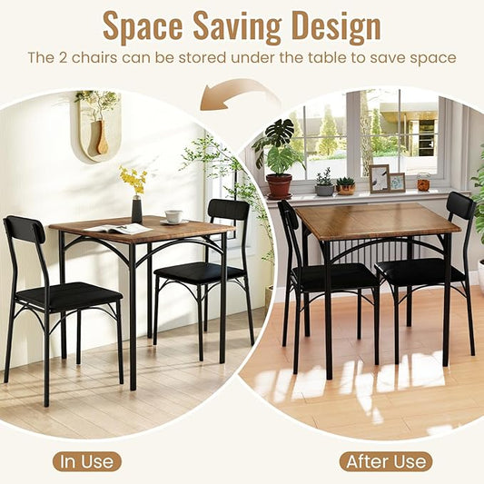 Giantex 3-Piece Dining Table Set, Square Kitchen Table with 2 Upholstered Armless Chairs, Padded Backrest, Metal Frame, Space-Saving Dinette Set for Small Spaces, Living Room, Dining Room