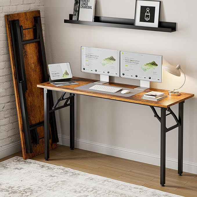 Frylr Small Folding Computer Desk – Portable 55.1 Inch Foldable Laptop Table, Collapsible and Compact for Easy and Fast Setup, Lightweight for Small Spaces, Home Craft and Study Use, Rustic Brown