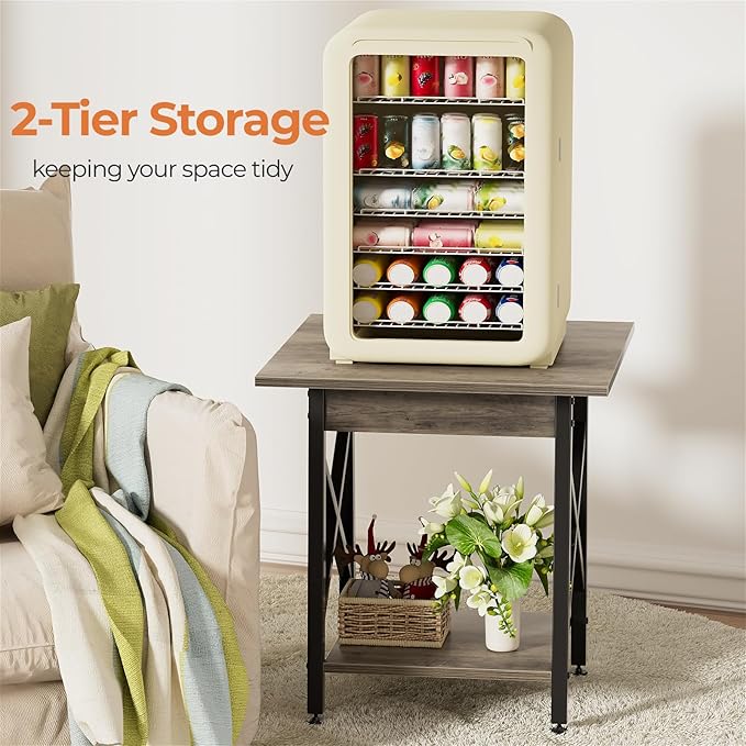 GreenForest End Table 24 inch for Living Room, Large Square Side Tables with X-Frame, Tall Industrial Bedside Nightstand with 2-Tier Storage, Gray Wash