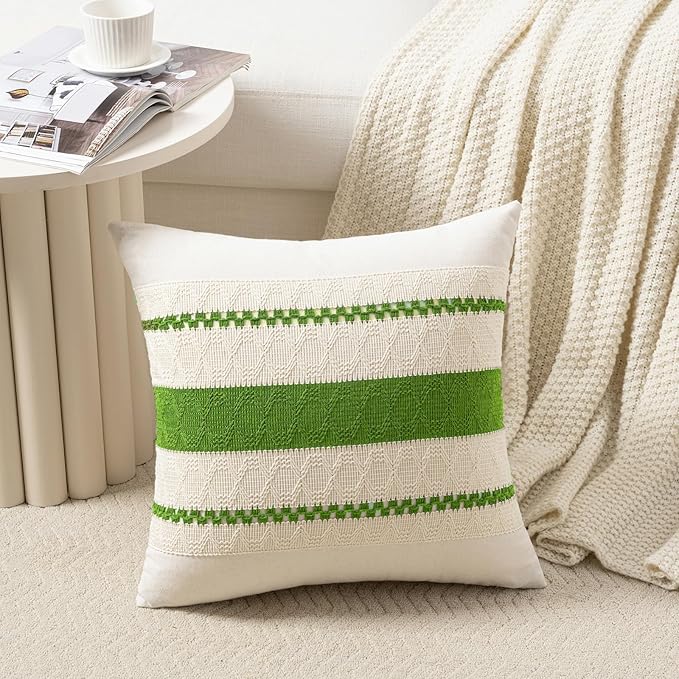 Fancy Homi Set of 2 Boho Lime Green Decorative Throw Pillow Cover 18x18 Inch for Couch Bed Sofa, Aesthetic Modern Organic Farmhouse Home Decor, Soft Cotton Cute Accent Macrame Woven Cushion Case