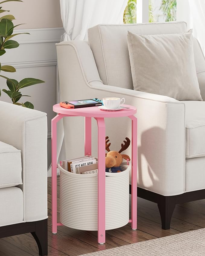 TUTOTAK Small Side Table, Oval End Table, Night Stand, Bedside Table, Sofa Table with Storage Basket, Living Room, Bed Room, Pink TB01BP093