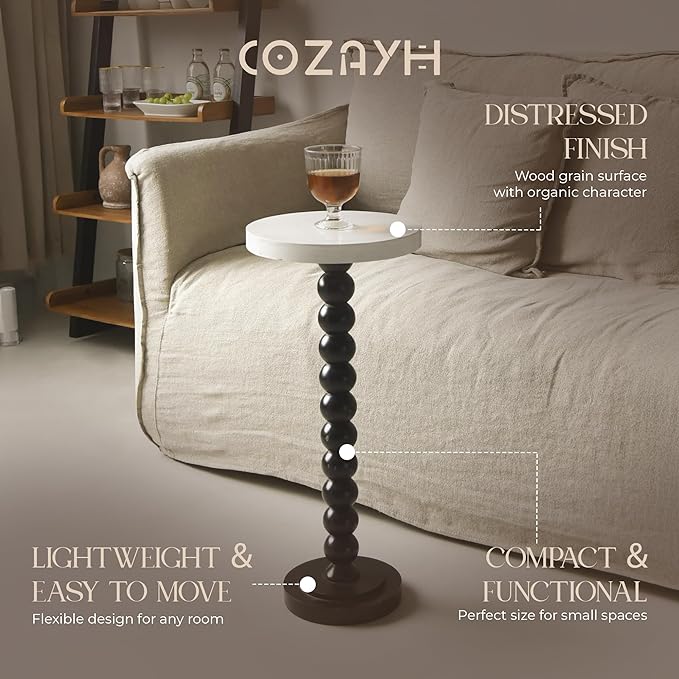 COZAYH Small Pedestal End Table, Living Room Accent Side Table Display Stand, Drink Table with Wood Top & Distressed Metal Spindle Base, White & Black