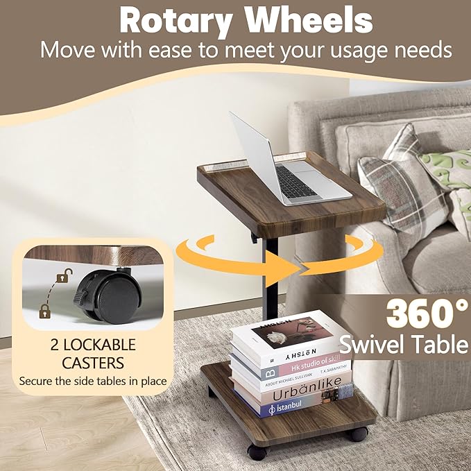 Aoligrace C Table End Table Adjustable Height, 360° Swivel Side Table with Wheels, Small TV Tray Table for Living Room Bedroom, Couch Tables That Slide Under for Sofa Bed Chair