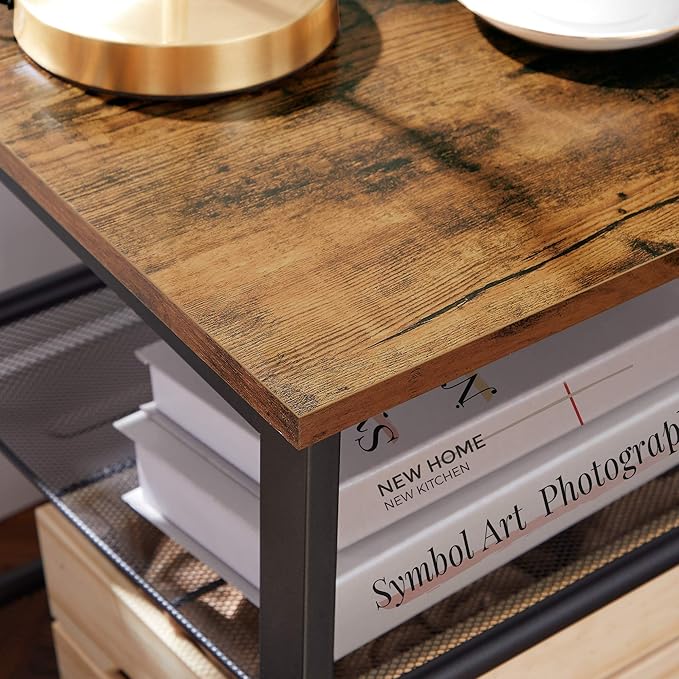 VASAGLE Nightstand, Set of 2 Side Tables, End Tables with Adjustable Mesh Shelves, for Living Room, Bedroom, Industrial, Stable Steel Frame, Easy Assembly, Rustic Brown and Black ULET24X