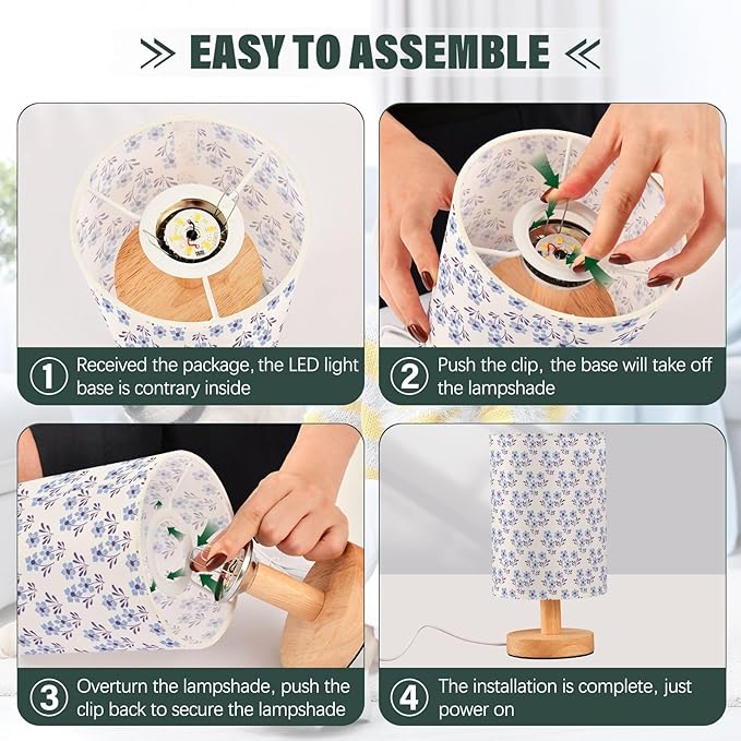 Small Table Lamp for Bedroom Bedside Nightstand with Wire Switch Desk Lamps Linen Fabric Shade Flower Print(Blue)