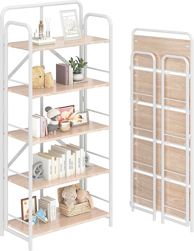4NM No Assembly Folding Bookshelf, 5 Tiers Collapsible Book Shelves Open Industrial Foldable Storage Bookcase Shelf for Bedroom, Living Room, Home Office - Natural and White