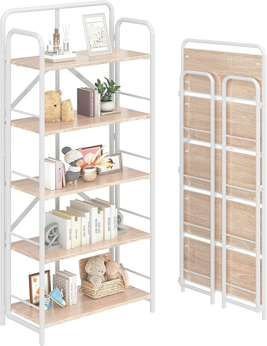 4NM No Assembly Folding Bookshelf, 5 Tiers Collapsible Book Shelves Open Industrial Foldable Storage Bookcase Shelf for Bedroom, Living Room, Home Office - Natural and White