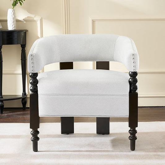 LOULENS Barrel Accent Chair for Living Room | Vintage Linen Upholstered Lounge Chair with Solid Wood Legs, Armchair for Bedroom, Reception Room & Reading Nook, Light Grey