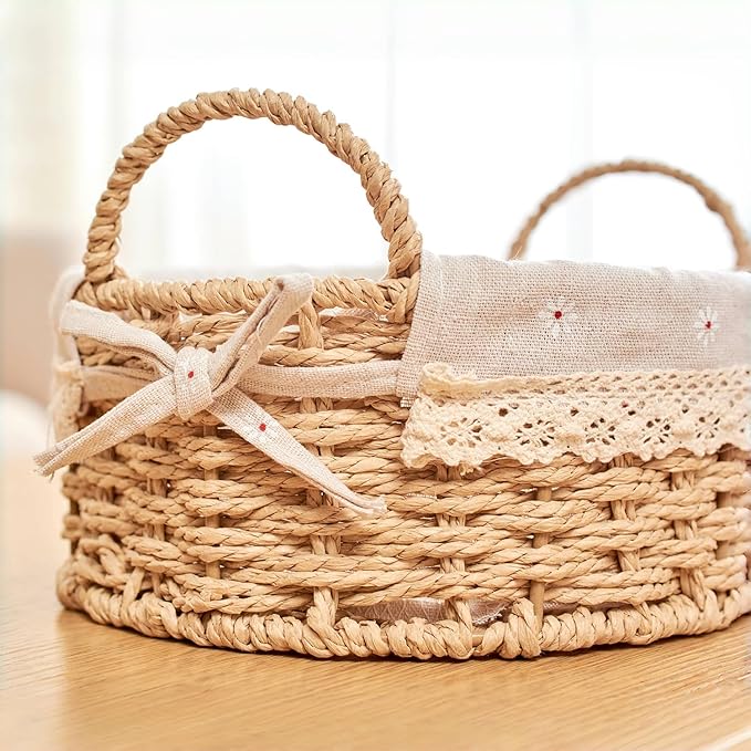 GIB Small Wicker Storage Baskets for Organizing, Decorative Woven Baskets with Handles & Liners, Boho Paper Rope Serving Baskets Trays for Shelves & Gifts, Set of 2