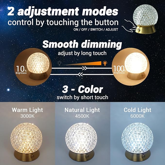 Cordless Table Lamp, Rechargeable Battery Operated Lamp, 3 Color Modes & Stepless Dimmable LED Touch Lamps, Portable Crystal Gold Metal Small Decorative Cute Light for Kids Room, Bedroom
