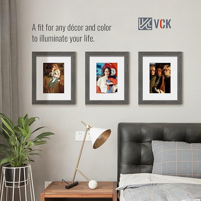 VCK 8x10 Picture Frame 2 Pack - Grey, High-End Wood Poster Frames with Tempered Glass, Display 5x7 Photo with Mat or 8x10 without Mat, Art Gallery-Quality, Wall Hanging/Tabletop, Grey