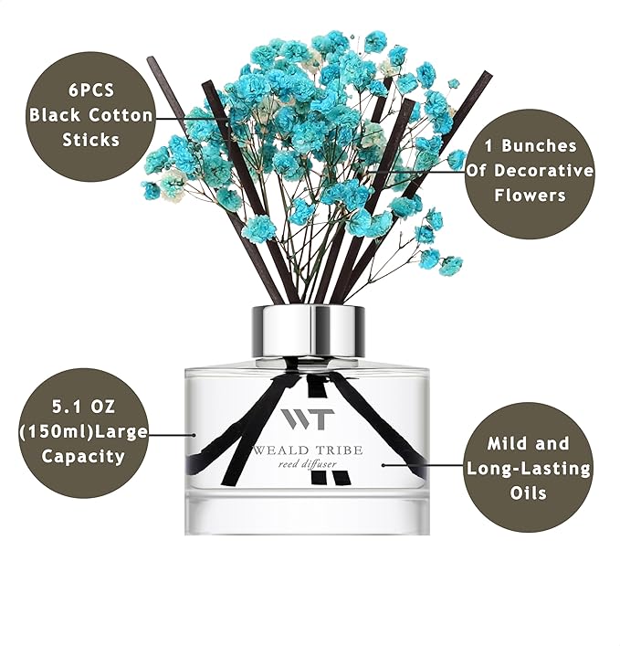 WEALD TRIBE Flower Reed Diffuser Set Ocean Series Moss & Sea Salt Scent For Bathroom Accessories Shelf Decor & Air Fresheners, Sticks Defusers With 5.1 fl oz Essential Oils, House Office Decor & Gifts