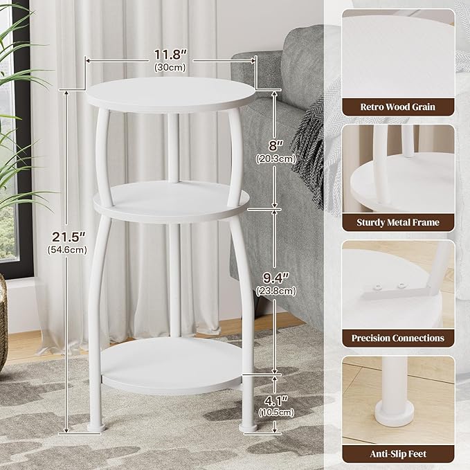 Small Round Side Table, 3-Tier End Table with Storage Shelf, Slim Sofa Table Coffee Table, Sturdy & Easy Assemble Nightstand for Small Spaces, Living Room Bedroom Corner, White
