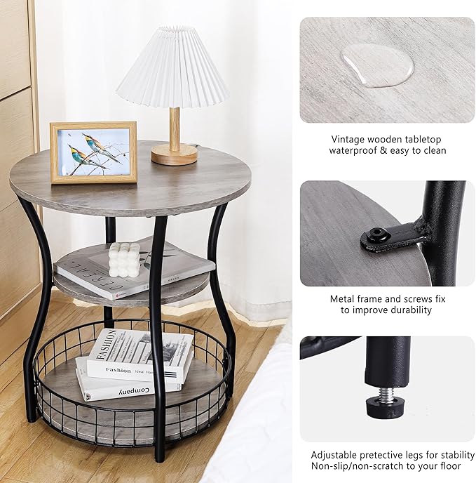 Small Side Table Round End Table with Storage Shelves Basket, 3-Tier Accent Corner Sofa Couch Side Tables Coffee Drink Table for Small Spaces,Round Nightstand for Living Room, Bedroom, Greige