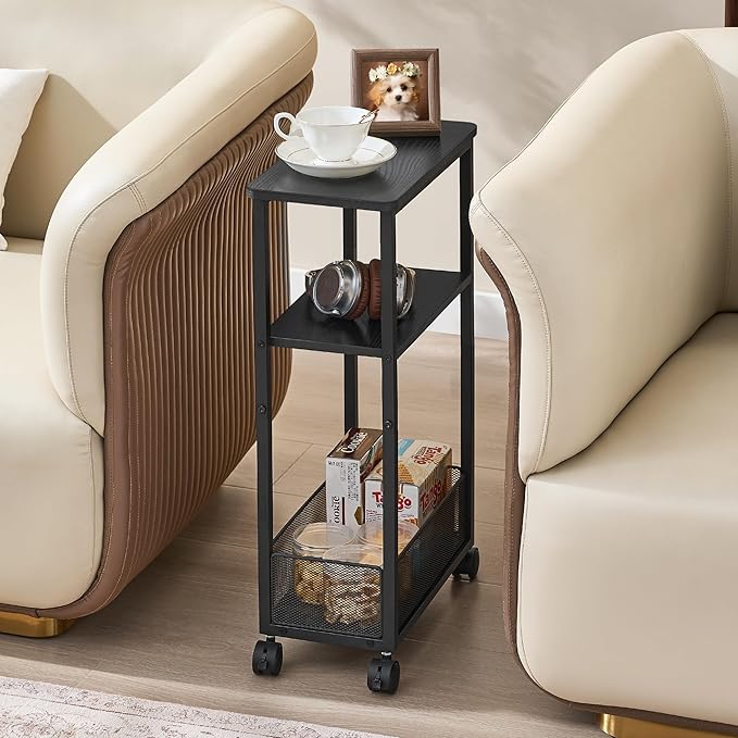 Side Table with Wheels of 2, Narrow Side Table with 3-Layer Storage Shelves, Slim Nightstand, Metal Frame, for Small Spaces, Living Room, Bedroom, 7.9" W x 15.7" D x 25.2" H, Black