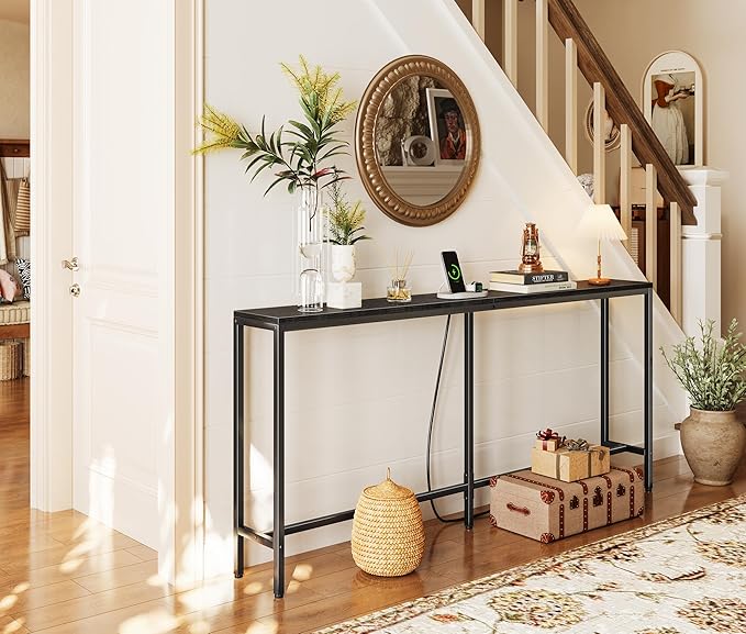 SUPERJARE 70 Inch Console Table with Outlet, Sofa Table with Charging Station, Narrow Entryway Table, Skinny Hallway Table, Behind Couch Table, for Living Room, Black