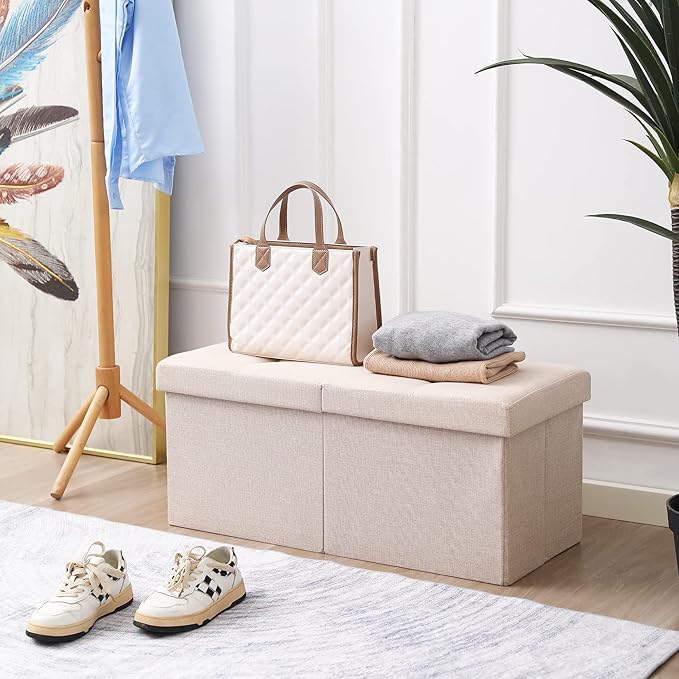 Cuyoca Foldable Seat Footrest Shoe Bench End of Bed Storage with Flipping Lid, 75L Storage Space, 30 inches Linen Fabric Beige