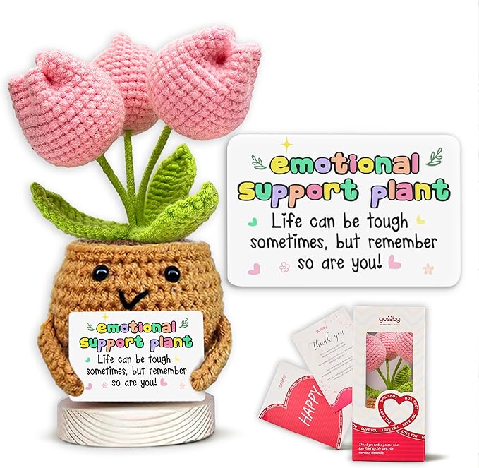 Gossby Handmade Positive Tulip Flower - Emotional Support Crochet Gift for Women - Inspirational, Mental Health, Mothers Day, Birthday Gift for Mom, Sister, Friend, Coworker - Crochet Doll with Card
