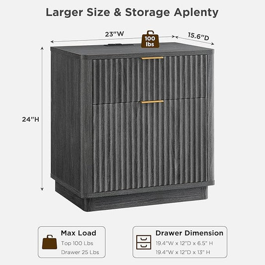 T4TREAM 23'' Fluted Nightstand with Charging Station, Large 2 Drawer Side Table, Modern End Table with Storage, Mid Century Bedside Table for Bedroom, Living Room, Curved Profile, Dark Alder