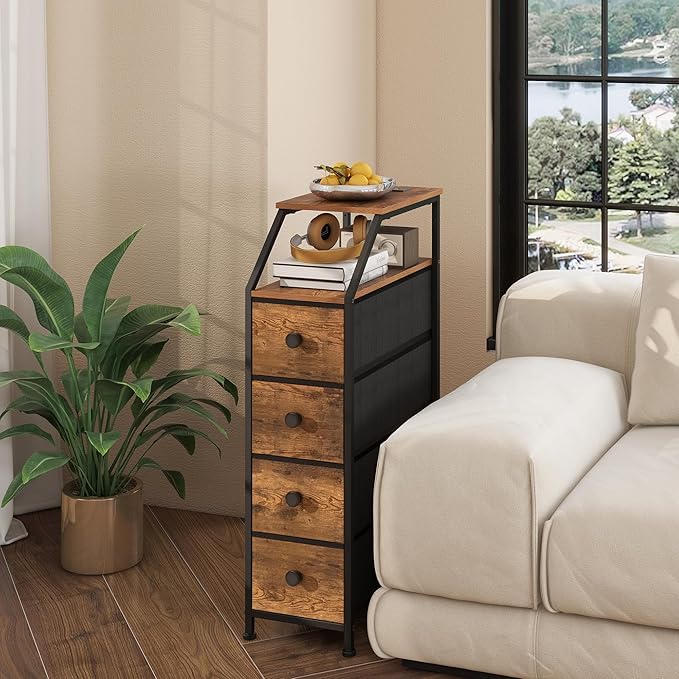 Tohomeor Narrow Dresser Tall Skinny Storage Tower Vertical Slim Chest of Drawers with Charging Station Small Nightstand Side Table for Bedroom, Bathroom, Small Spaces (Rustic Brown, 4 Drawers)