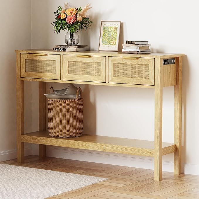 Entryway Table, Rattan Console Table with 3 Storage Drawers and Storage Shelf, Sofa Table with Socket, for Entryway, Living Room, Behind Couch and Hallway (Light Yellow)