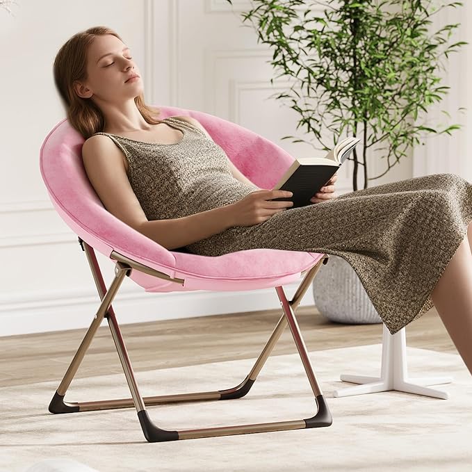 GarveeHome Comfy Oversized Saucer Chair – Soft Plush Fabric Reading Lounger for Adults, Stable X-Large Metal Frame Foldable Accent Lazy Chair for Bedroom, Living Room, Dorm, Office, Pink